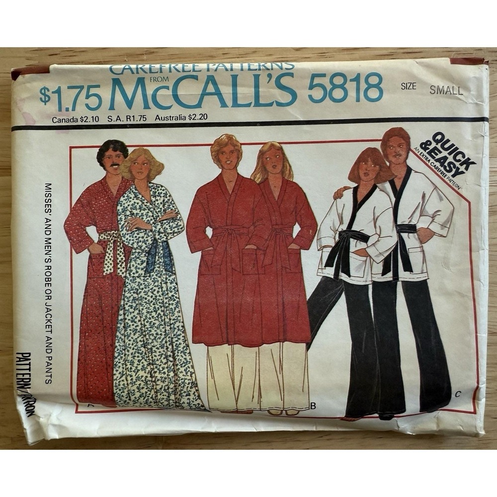 McCall's 5818 Misses' & Men's Robe Or Jacket & Pants Size Small Cut Complete